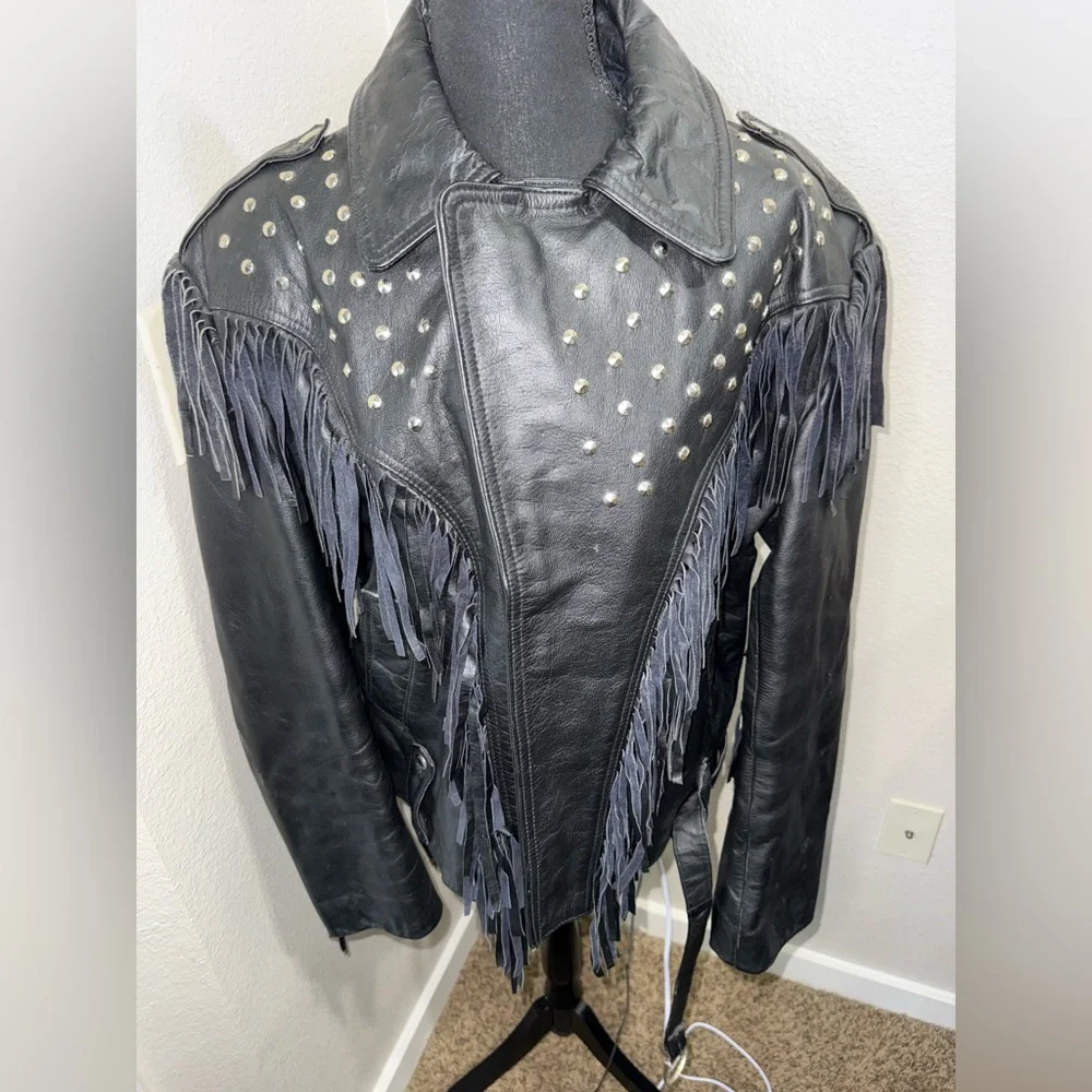 Vintage AMI London Fringe‎ Leather Jacket Studded Western Cowgirl Biker Rocker-L